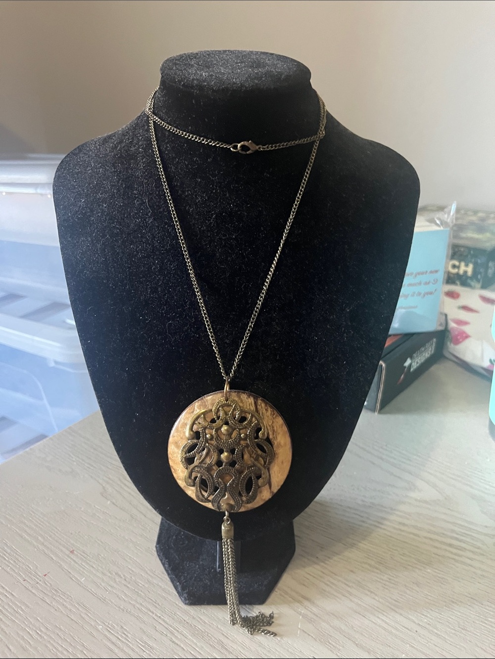 Antique Brass-Tone Filigree Wood Pendant Necklace with Tassel